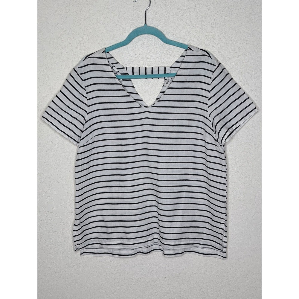 Ellen Tracy Linen Blend Striped Top M Coastal Boho Navy White Vacation‎ Travel